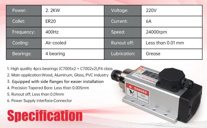 2.2kw ER20 CNC Spindle Motor Kit Luchtgekoeld voor CNC-machine 0